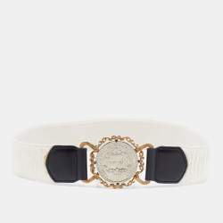 Pre Owned Dolce & Gabbana White/Black Elastic and Leather Heritage Round Belt 75CM
