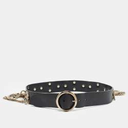 Pre Owned Dolce & Gabbana Black Leather Chain Ring Detail Waist Belt 85CM