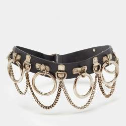 Pre Owned Dolce & Gabbana Black Leather Chain Ring Detail Waist Belt 85CM