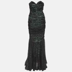 Pre Owned Dolce & Gabbana Green Animal Print Silk Ruched Strapless Gown M