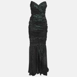 Pre Owned Dolce & Gabbana Green Animal Print Silk Ruched Strapless Gown M
