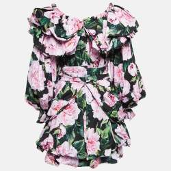 Pre Owned Dolce & Gabbana Black Floral Print Cotton Ruffled Off-Shoulder Dress M