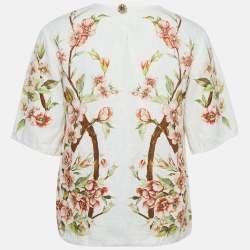 Pre Owned Dolce & Gabbana Off White Floral Print Linen Top S