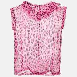 مملوكة مسبقًا Dolce & Gabbana Pink Leopard Print Silk Ruffle Top L