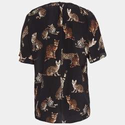 Pre Owned Dolce & Gabbana Black Cat Print Silk Top S
