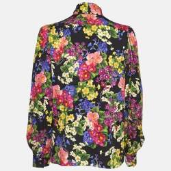Pre Owned Dolce & Gabbana Black Multicolor Floral Print Neck Tie-Up Shirt M