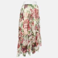Pre Owned Dolce & Gabbana White Floral Print Silk Asymmetric Maxi Skirt M