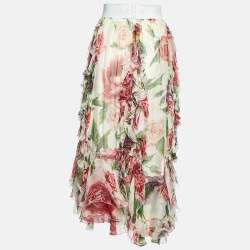 Pre Owned Dolce & Gabbana White Floral Print Silk Asymmetric Maxi Skirt M