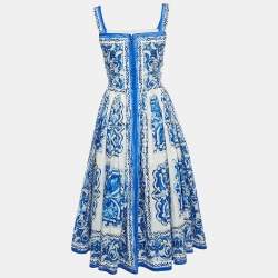 Pre Owned Dolce & Gabbana Blue Majolica Print Cotton Pleated Midi Dress S