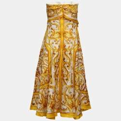 Pre Owned Dolce & Gabbana Yellow/White Majolica Print Silk Scarf Midi Dress S