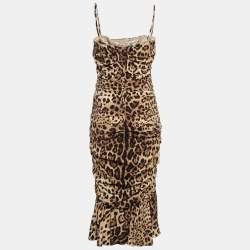 Pre Owned Dolce & Gabbana Leopard Print Stretch Silk Ruched Midi Dress M