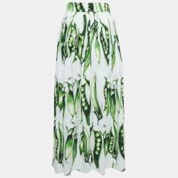 Pre Owned Dolce & Gabbana White/Green Peas Print Cotton Midi Skirt L