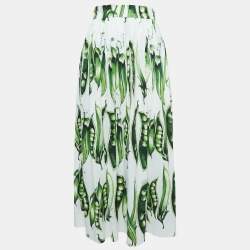 Pre Owned Dolce & Gabbana White/Green Peas Print Cotton Midi Skirt L