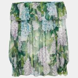 Pre Owned Dolce & Gabbana Green Hydrangea Print Silk Off-Shoulder Top M