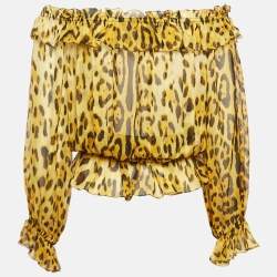 Pre Owned Dolce & Gabbana Yellow Leopard Print Silk Off-Shoulder Top M