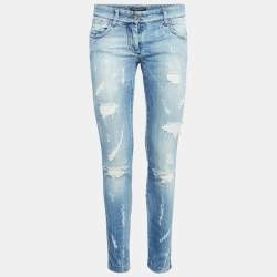 Pre Owned Dolce & Gabbana Blue Distressed Denim Skinny Jeans S Waist 30"