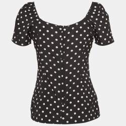 Pre Owned Dolce & Gabbana Black Polka Dots Print Silk Sweetheart Neck Top S