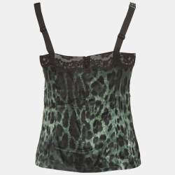 Pre Owned Dolce & Gabbana Green Leopard Print Lace Trim Stretch Satin Camisole Top S