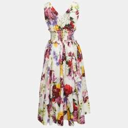 Pre Owned Dolce & Gabbana White Floral Print Poplin Smocking Effect Midi Dress M