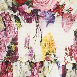 Pre Owned Dolce & Gabbana White Floral Print Poplin Smocking Effect Midi Dress M