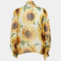 Pre Owned Dolce & Gabbana Yellow Floral Print Button Front Tie-Up Neck Blouse S