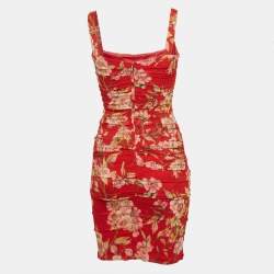 Pre Owned Dolce & Gabbana Red Silk Floral Print Ruched Sleeveless Dress S