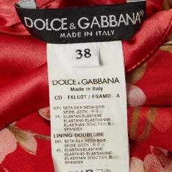 Pre Owned Dolce & Gabbana Red Silk Floral Print Ruched Sleeveless Dress S