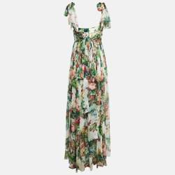 Pre Owned Dolce & Gabbana Green Floral Print Chiffon Silk Waist Tie Detail Maxi Dress S