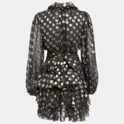 Pre Owned Dolce & Gabbana Black Polka Dot Silk Brocade Tie-Up Waist Mini Dress M