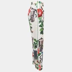 Pre Owned Dolce & Gabbana White Printed Silk Satin Pants S