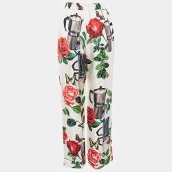 Pre Owned Dolce & Gabbana White Printed Silk Satin Pants S