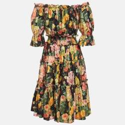 Pre Owned Dolce & Gabbana Black Floral Print Cotton Tiered Midi Dress S