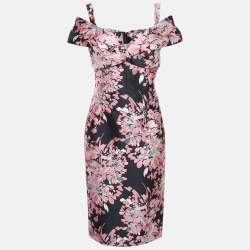 Pre Owned Dolce & Gabbana Black/Pink Lurex Jacquard Off-Shoulder Midi Dress L