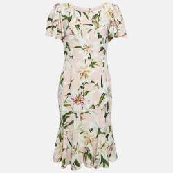 Pre Owned Dolce & Gabbana Pink Floral Print Crepe Flounce Midi Dress M