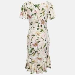 Pre Owned Dolce & Gabbana Pink Floral Print Crepe Flounce Midi Dress M