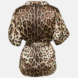 Pre Owned Dolce & Gabbana Brown Leopard Print Stretch Silk Belted Shirt XL