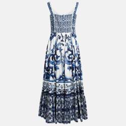 Pre Owned Dolce & Gabbana White Printed Cotton Sleeveless Midi Dress L
