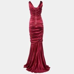 Pre Owned Dolce & Gabbana Burgundy Silk Ruched Special Edition Gown M 