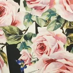 Pre Owned Dolce & Gabbana Pink/Black Rose Print Silk Flared Midi Skirt XS
