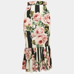 Pre Owned Dolce & Gabbana Pink/Black Rose Print Silk Flared Midi Skirt XS