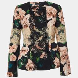 Pre Owned Dolce & Gabbana Black Floral Print Crepe & Lace Trim Jacket M