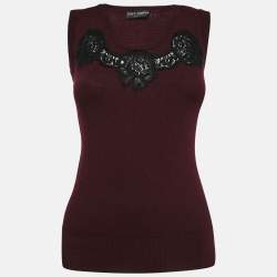 Pre Owned Dolce & Gabbana Burgundy Wool Lace Detail Sleeveless Top M
