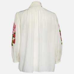 Pre Owned Dolce & Gabbana Cream Floral Appliqued Silk Blouse L