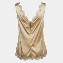 Pre Owned Dolce & Gabbana Beige Lace Trim Satin V-Neck Top M