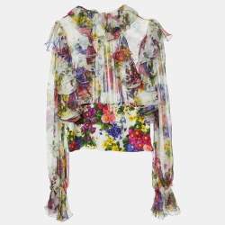 Pre Owned Dolce & Gabbana White Floral Print Silk Chiffon Ruffled Top M