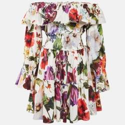Pre Owned Dolce & Gabbana White Floral Print Cotton Off-Shoulder Mini Dress L