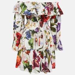 Pre Owned Dolce & Gabbana White Floral Print Cotton Off-Shoulder Mini Dress L