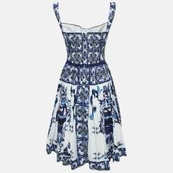 Pre Owned Dolce & Gabbana Blue/White Majolica Print Cotton Pleated Short Dress XS