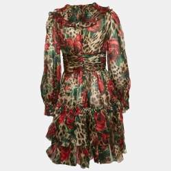Pre Owned Dolce & Gabbana Brown Rose & Leopard Print Organza Tiered Short Dress M
