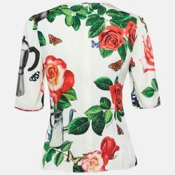 Pre Owned Dolce & Gabbana White Printed Silk V-Neck Top S